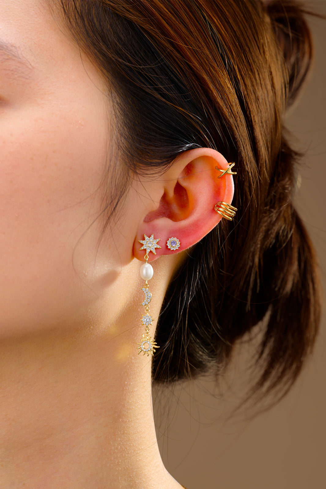 Pendientes largos luna y estrellas