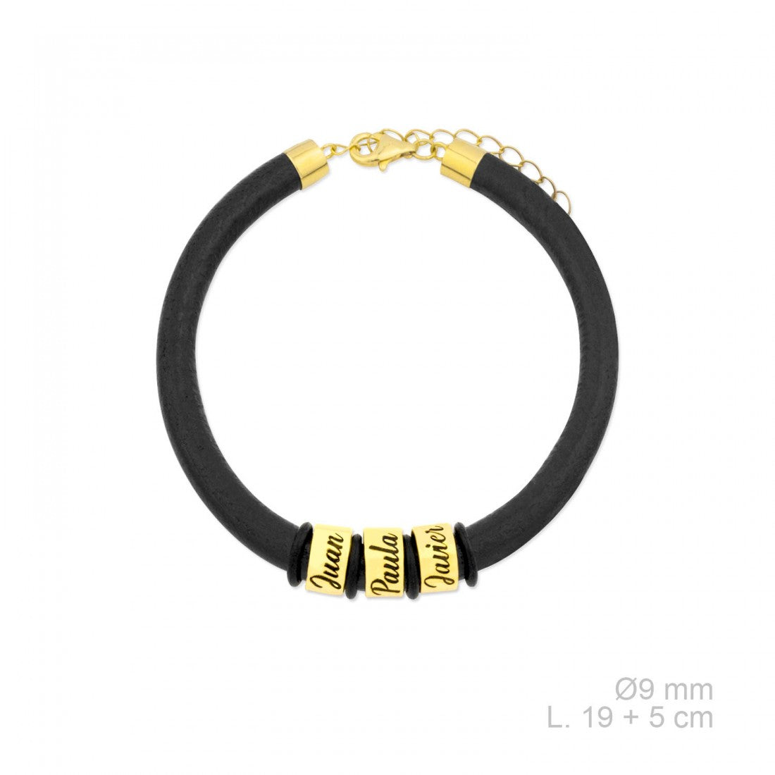 Pulsera unisex plata y cuero NEGRO personalizable DORADA