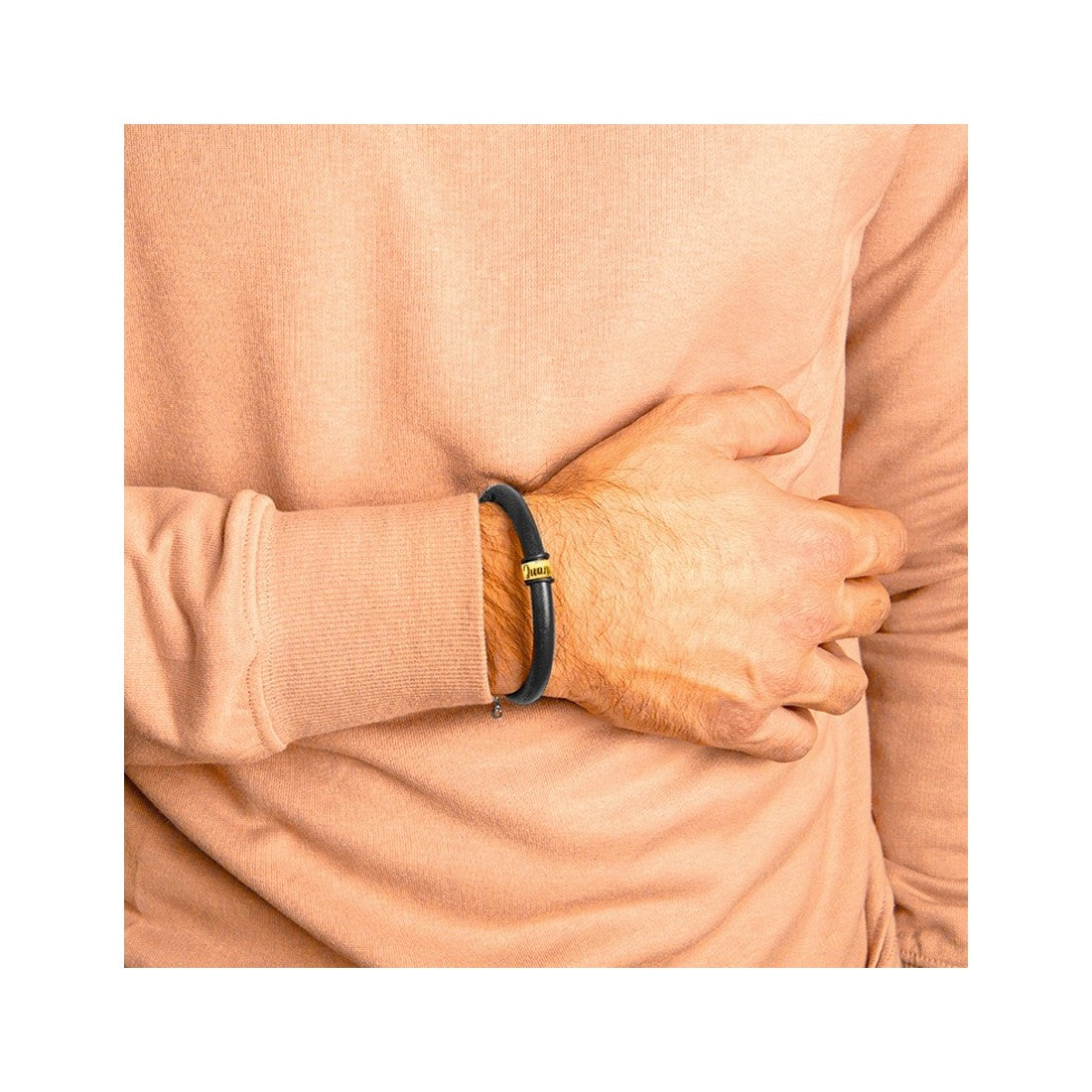 Pulsera unisex plata y cuero NEGRO personalizable DORADA