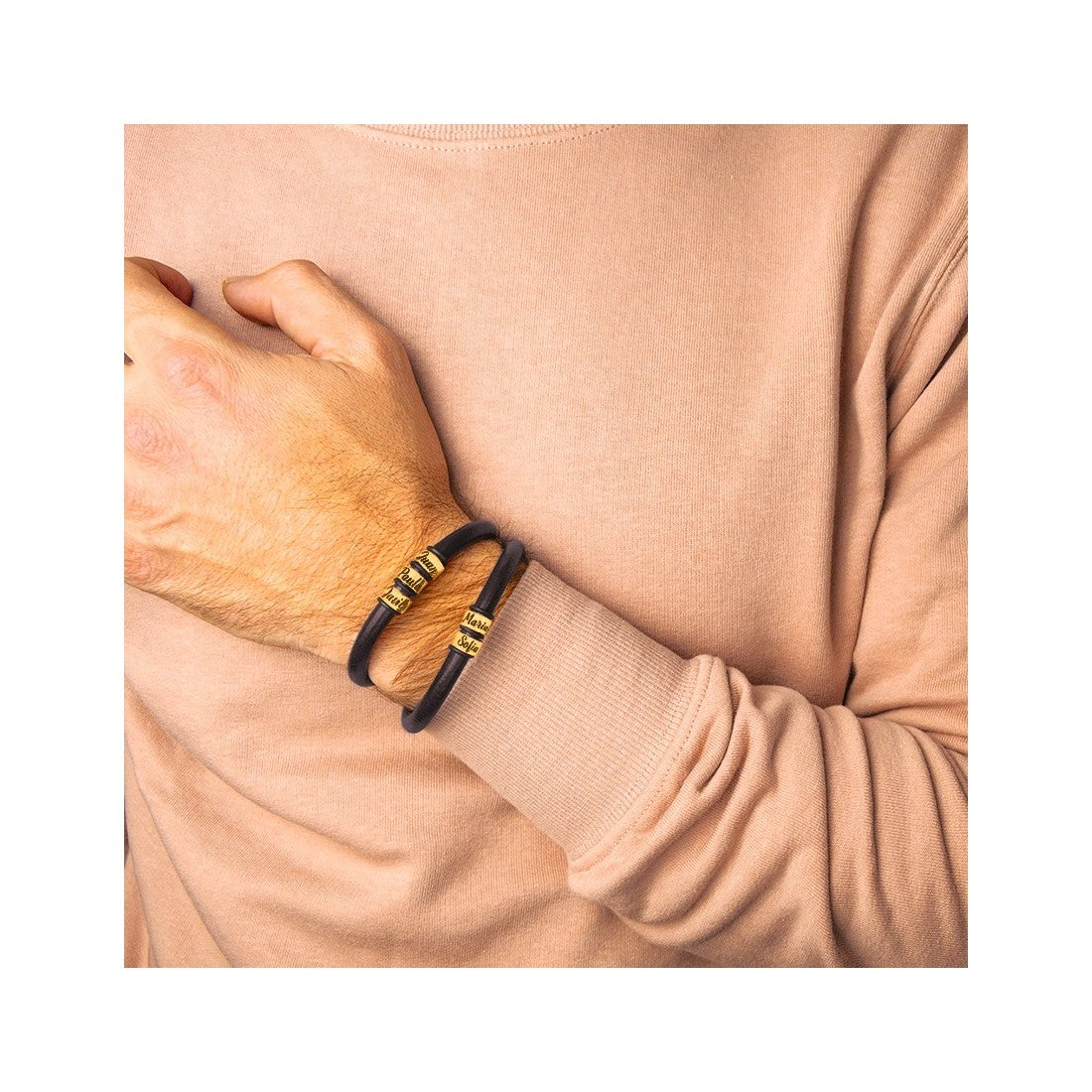 Pulsera unisex plata y cuero NEGRO personalizable DORADA
