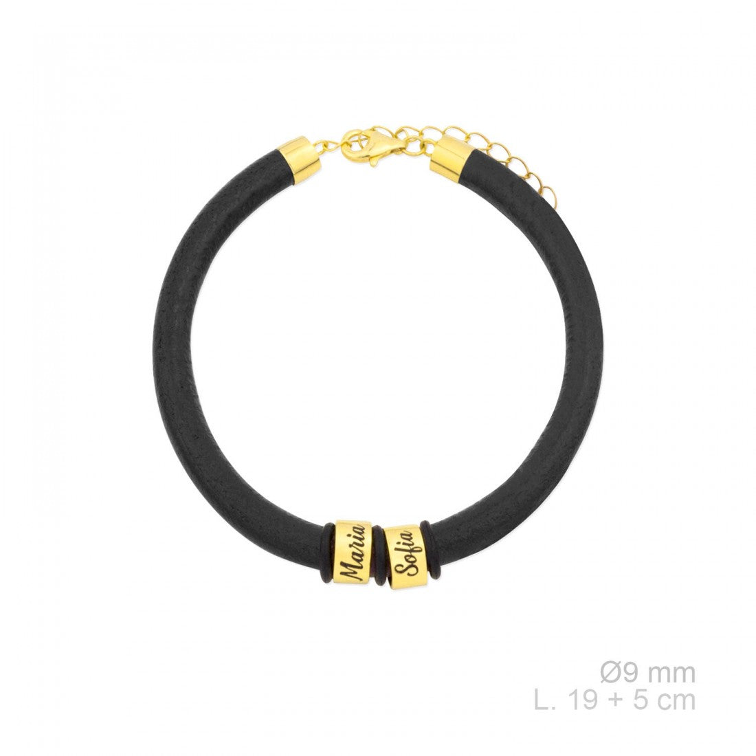 Pulsera unisex plata y cuero NEGRO personalizable DORADA