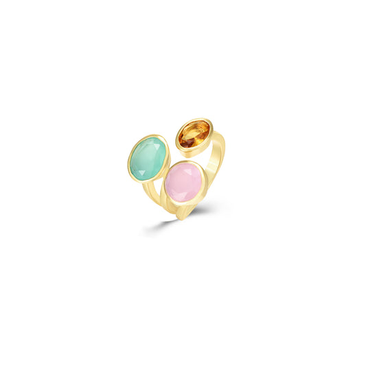 Anillo ajustable calcedonia y cuarzo rosa