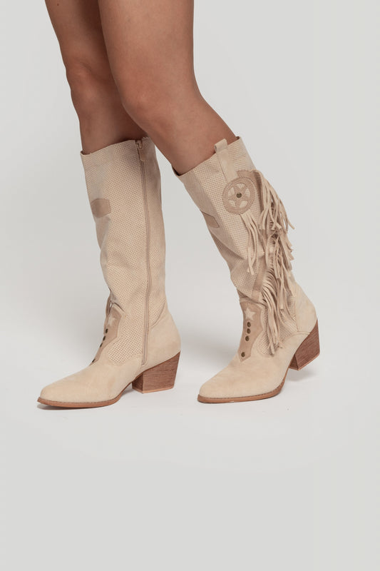 Bota cowboy boho flecos beige